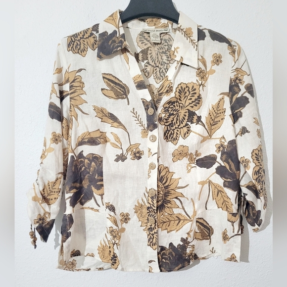 David Brooks 100% Linen Shirt Womens Size Large Button Up Tropical FloralBlouse - Picture 1 of 7